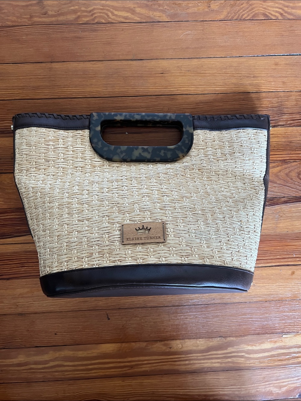 Elaine Turner Woven Raffia Straw Tote Handbag Tortoise Resin Handle Pink Lining